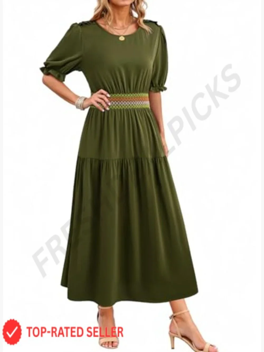 Women's Short Sleeve Smocked Maxi Dress Casual Elastic Waist Boho Tiered Ruffle - Picture 2 of 6